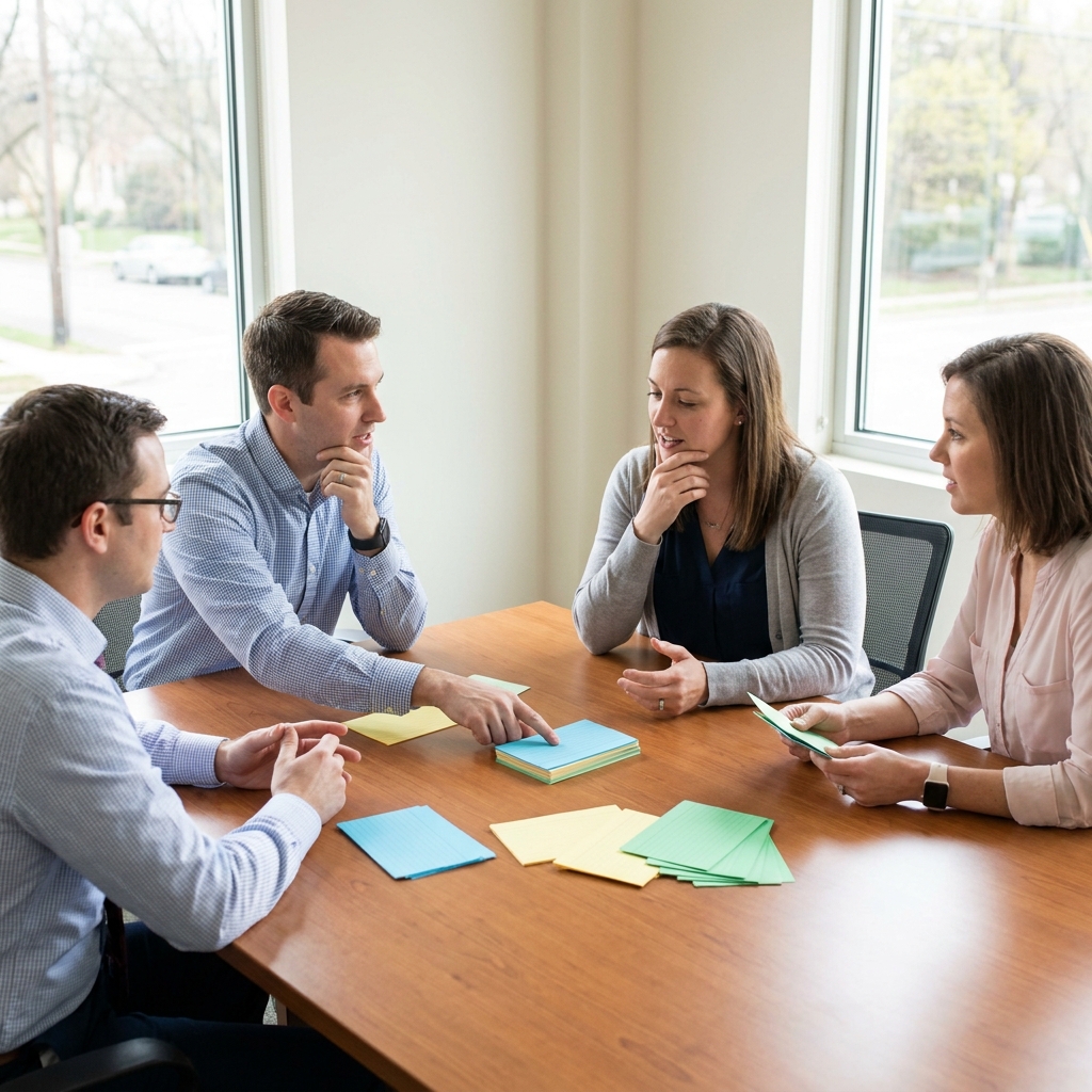 A healthcare operations team in a TRT clinic discussing patient workflow exceptions around a clean conference table with blank color cards, no screens, no whiteboards, no visible text, realistic body language