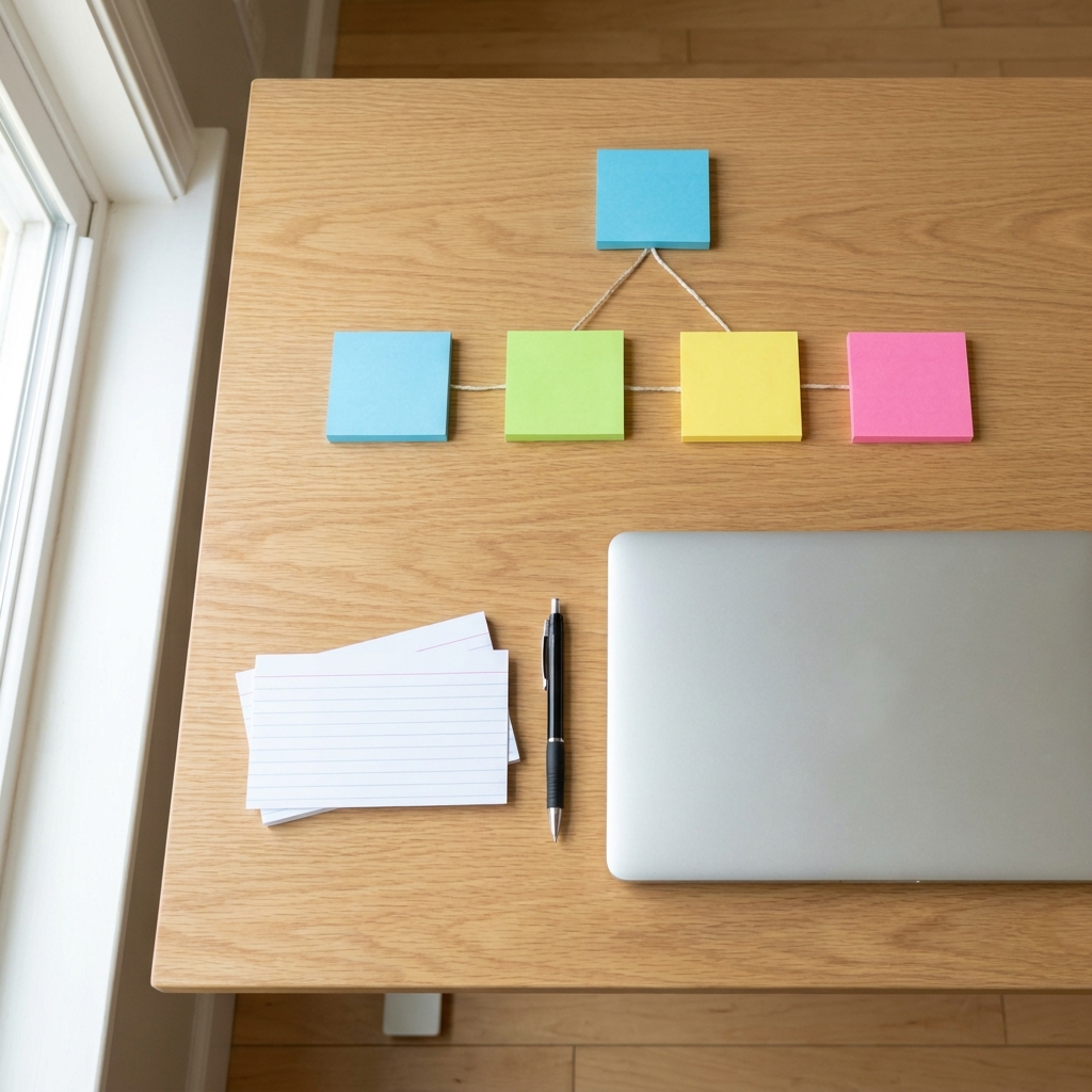 A clean telemedicine clinic operations desk with a laptop showing generic workflow cards, a clipboard, and organized folders, no visible text, warm natural light